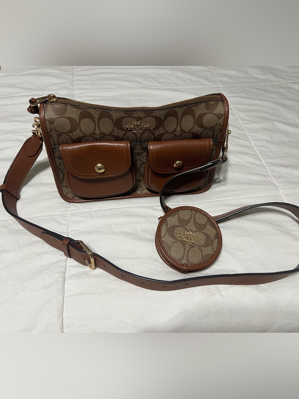 Coach Brown Signature Canvas Crossbody with Coin Pouch